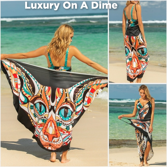 Colorful Art Cat Swim Cover Up Convertible Spaghetti Strap Swimwear Dress Sarong - Picture 2 of 11